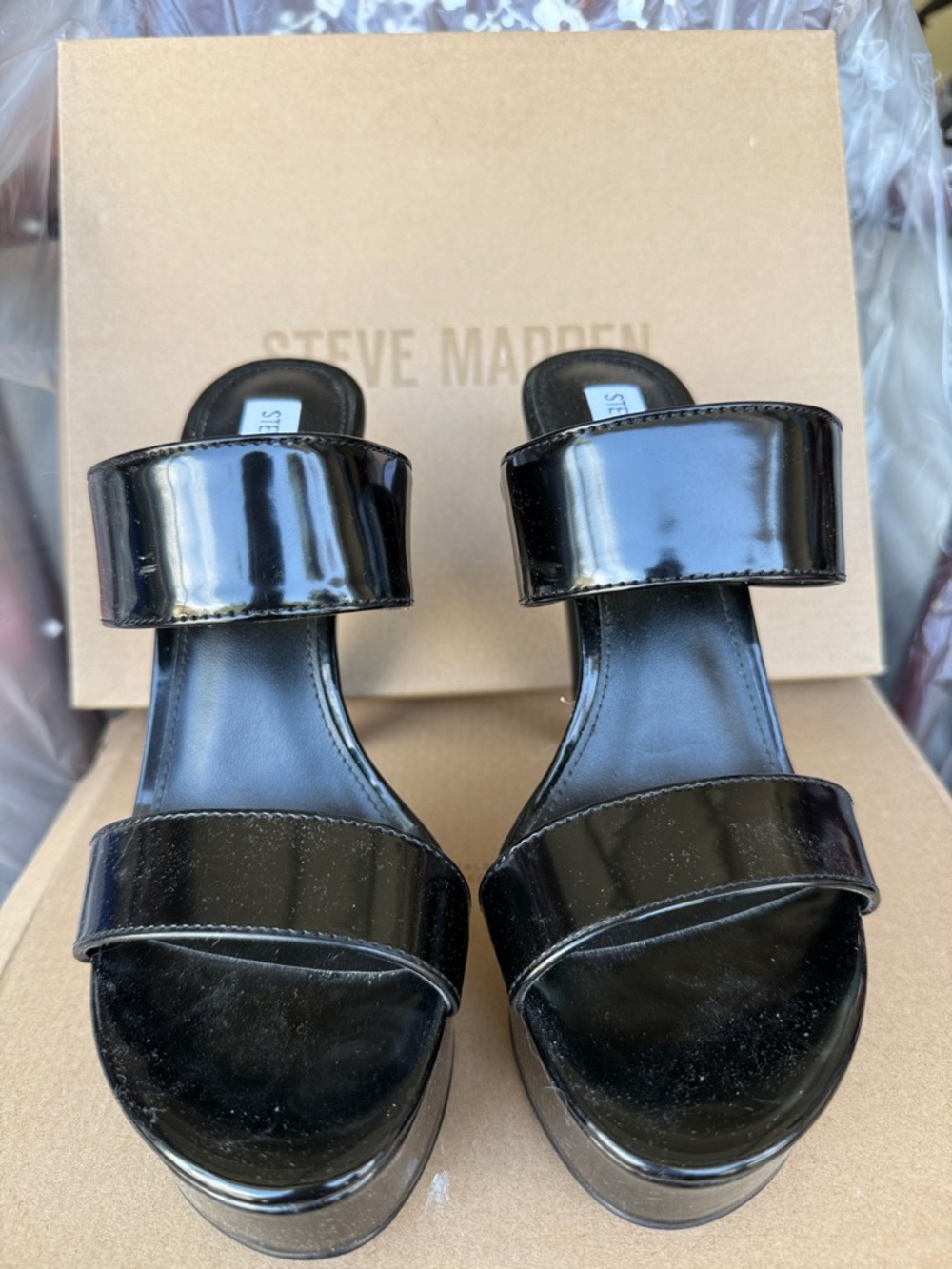 Steve Madden Black Patent Double-Band Slide Mules